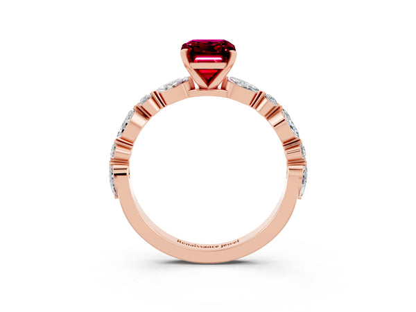 Rose gold Emerald Cut Garnet Ring with Marquise and Round  Side Stones and Four-Prong Setting