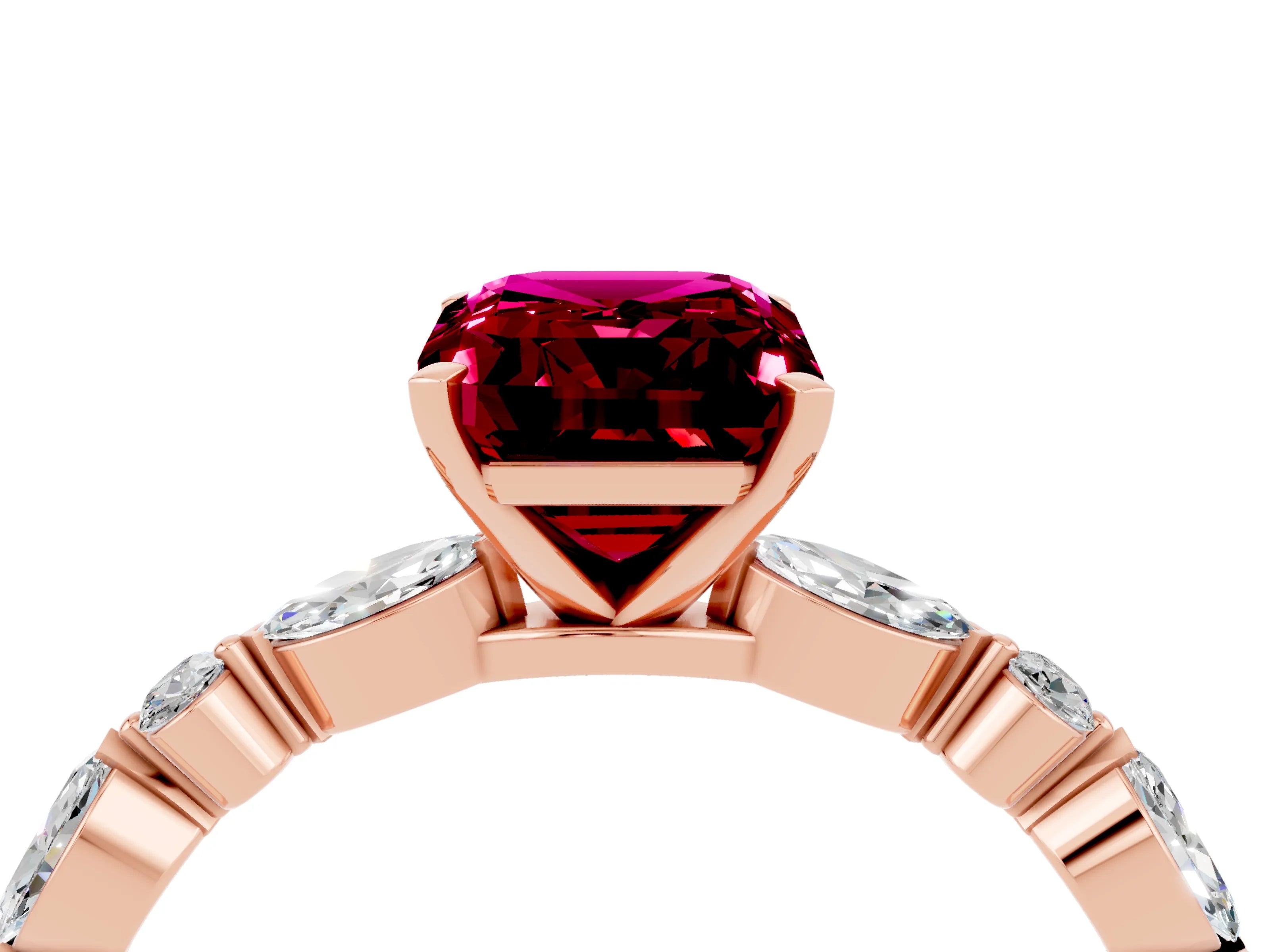 Rose gold Emerald Cut Garnet Solitaire with Side Stones on a Pavé Band and Four-Prong Setting_4