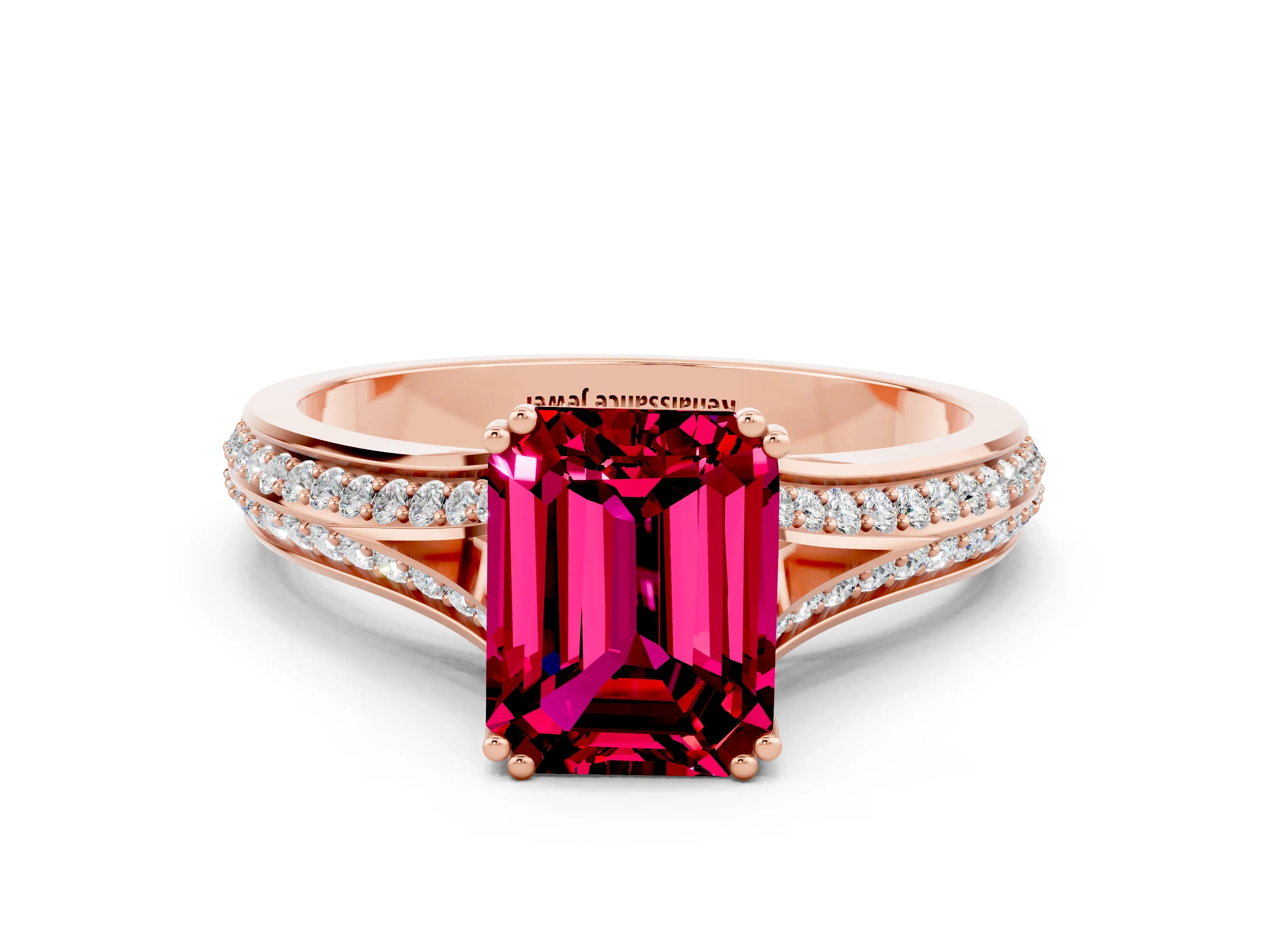 Rose gold Emerald Cut Garnet Split Shank Engagement Ring with Pavé Band