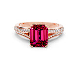 Rose gold Emerald Cut Garnet Split Shank Engagement Ring with Pavé Band