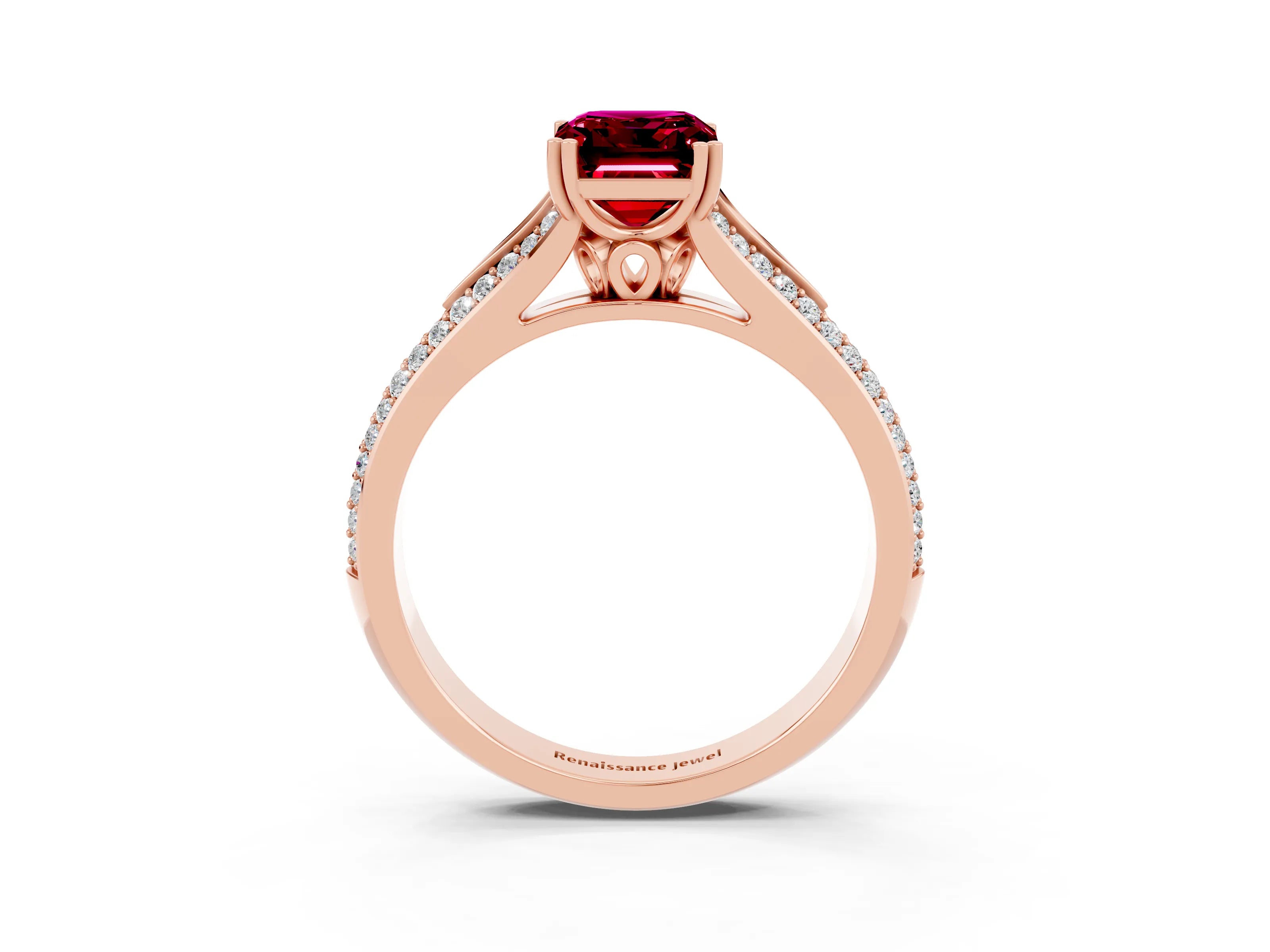 Rose gold Emerald Cut Garnet Split Shank Engagement Ring with Pavé Band_3