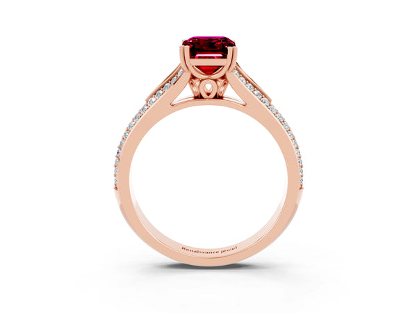 Rose gold Emerald Cut Garnet Split Shank Engagement Ring with Pavé Band