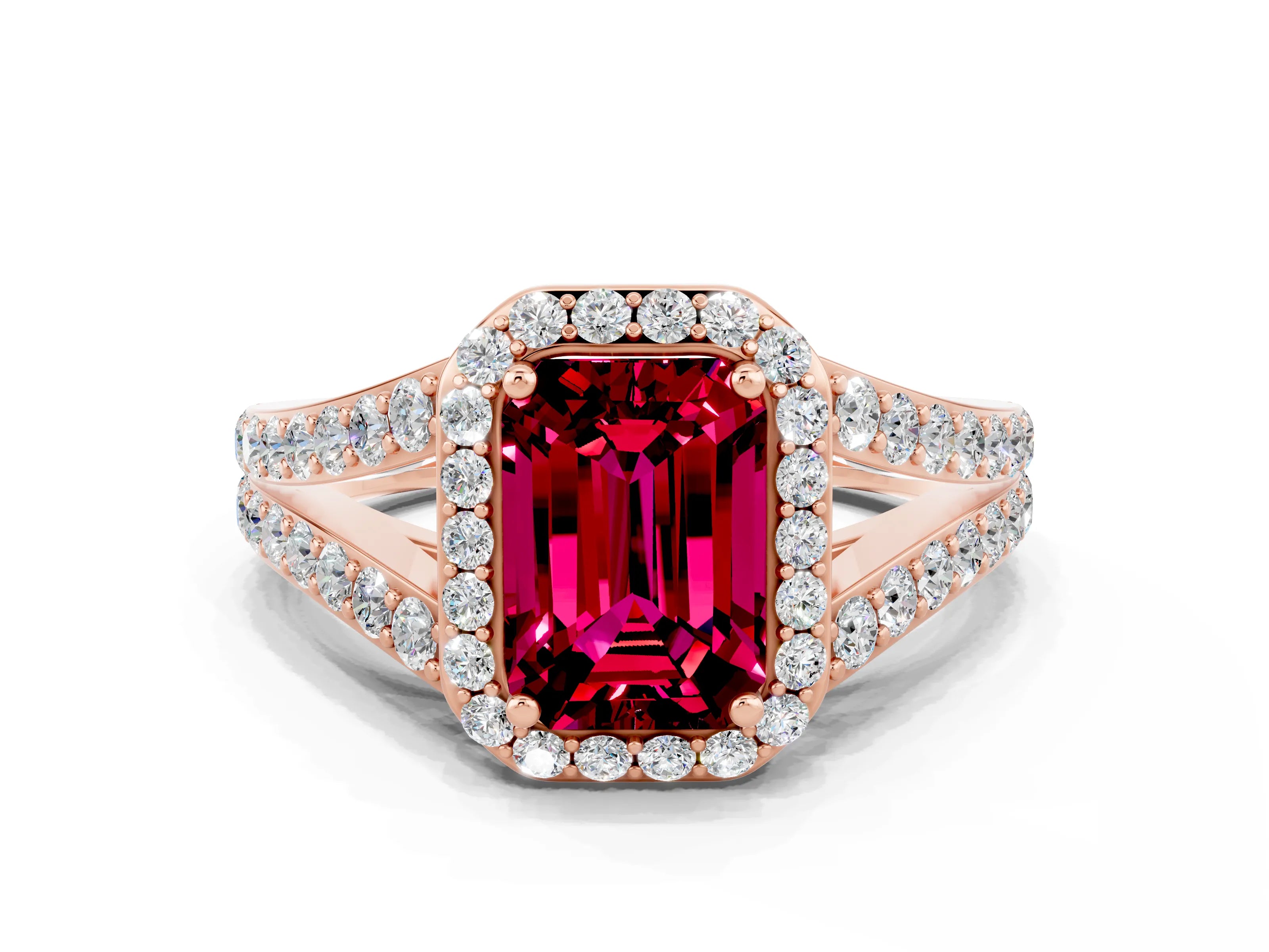Rose gold Emerald Cut Garnet Split Shank Halo Ring with Four-Prong Setting_12