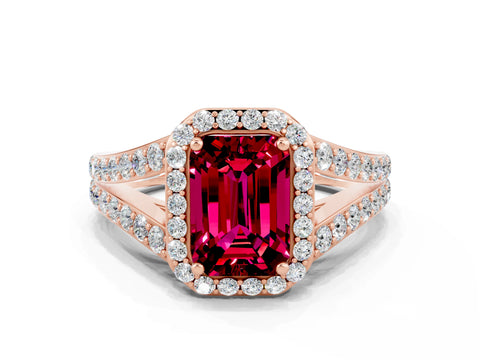 Rose gold Emerald Cut Garnet Split Shank Halo Ring with Four-Prong Setting_12