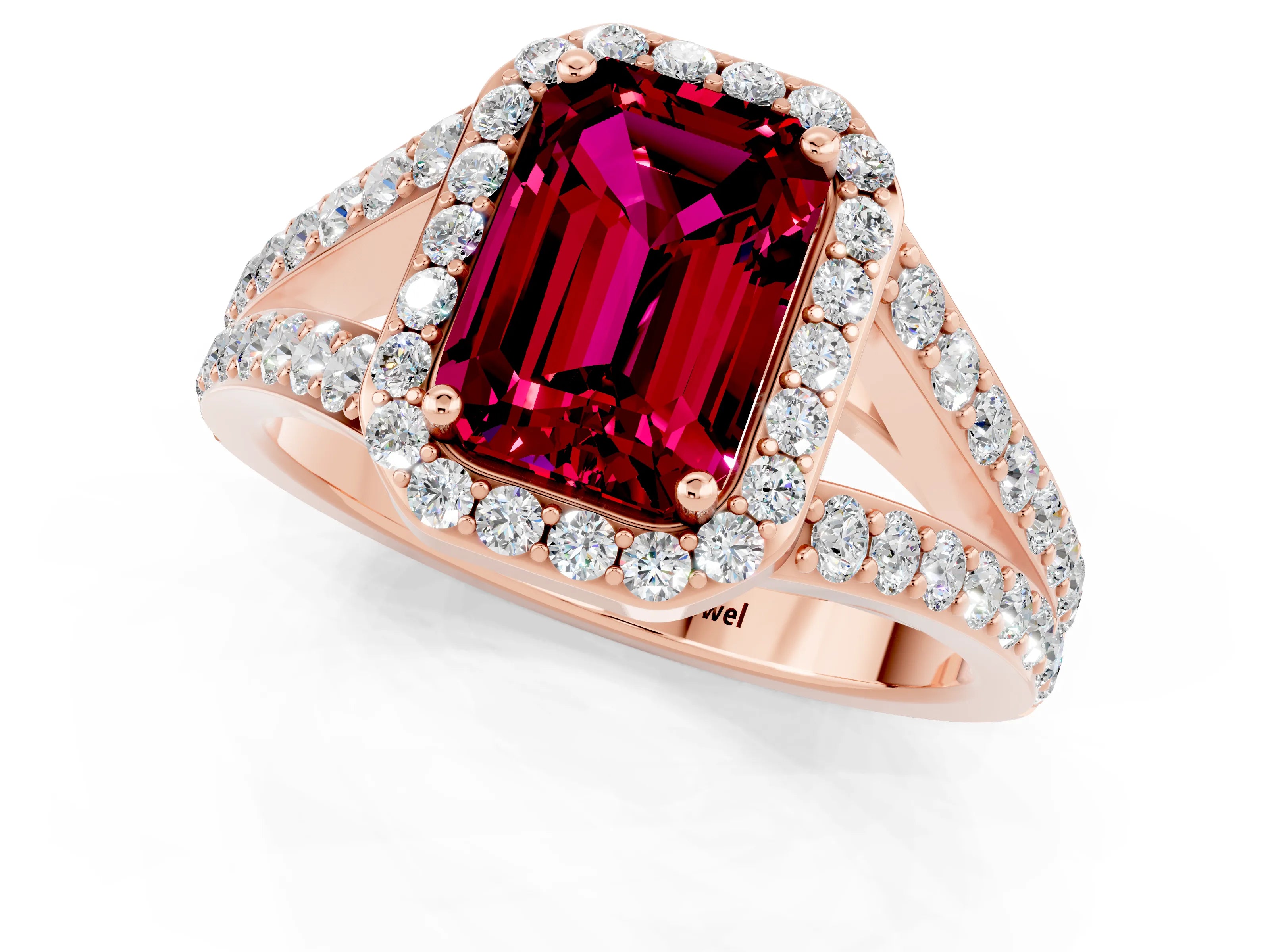Rose gold Emerald Cut Garnet Split Shank Halo Ring with Four-Prong Setting_13