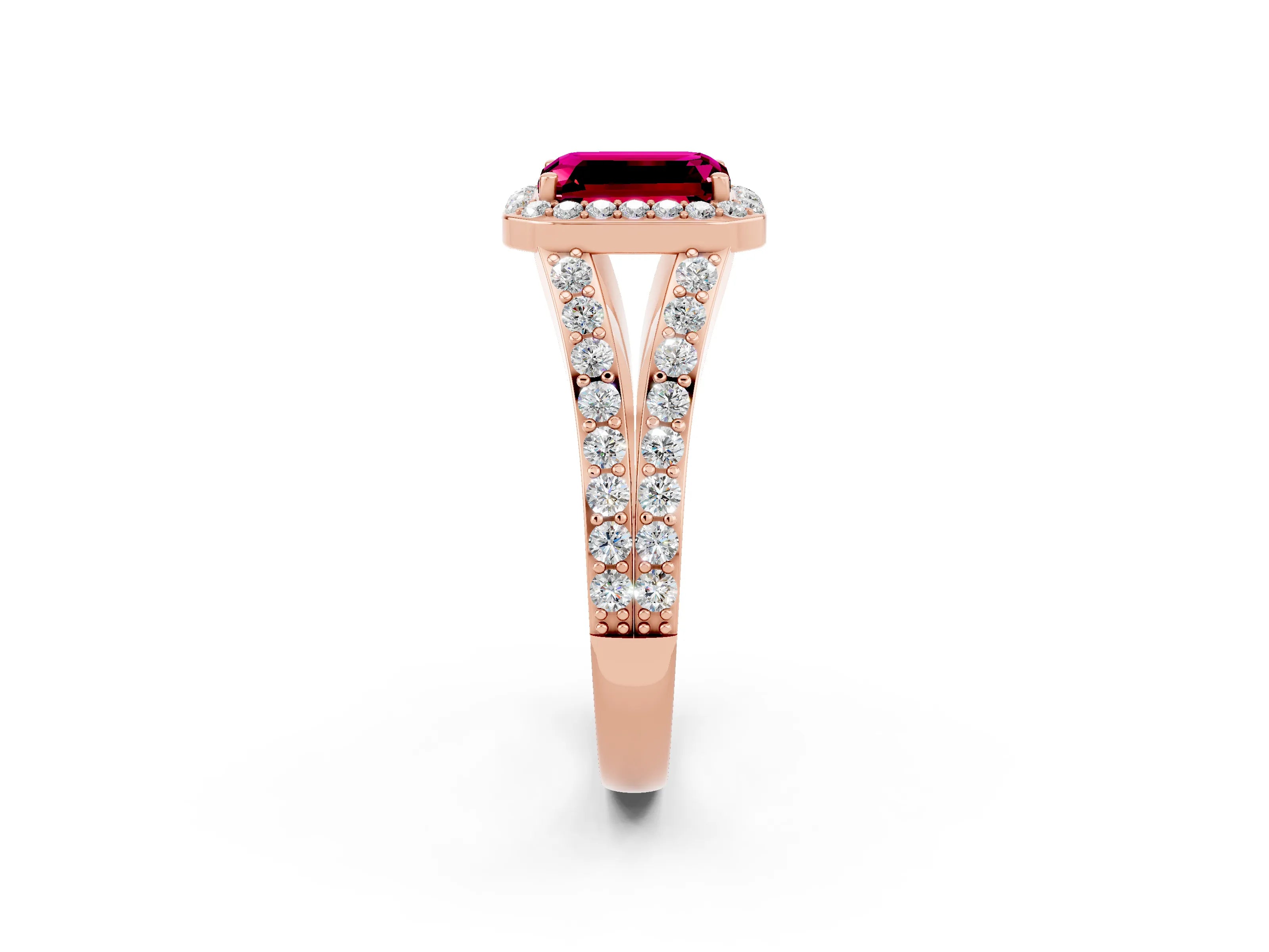 Rose gold Emerald Cut Garnet Split Shank Halo Ring with Four-Prong Setting_14