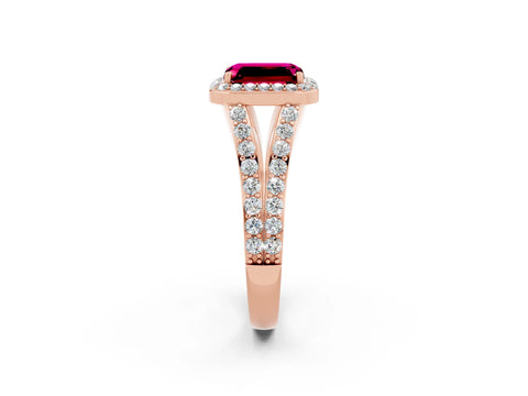 Rose gold Emerald Cut Garnet Split Shank Halo Ring with Four-Prong Setting_14