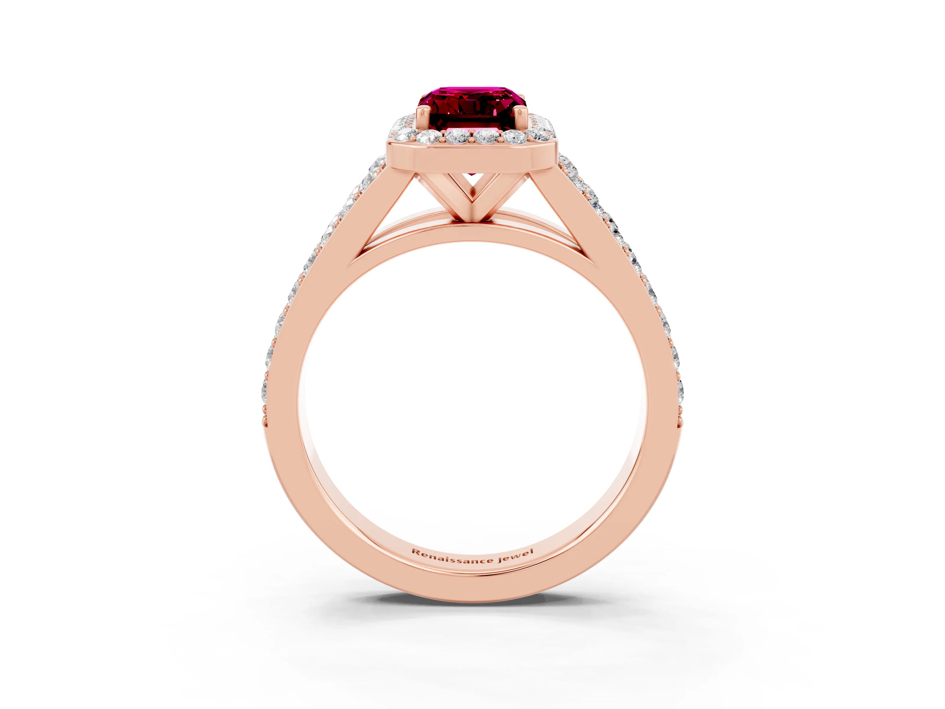 Rose gold Emerald Cut Garnet Split Shank Halo Ring with Four-Prong Setting_15