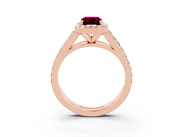 Rose gold Emerald Cut Garnet Split Shank Halo Ring with Four-Prong Setting