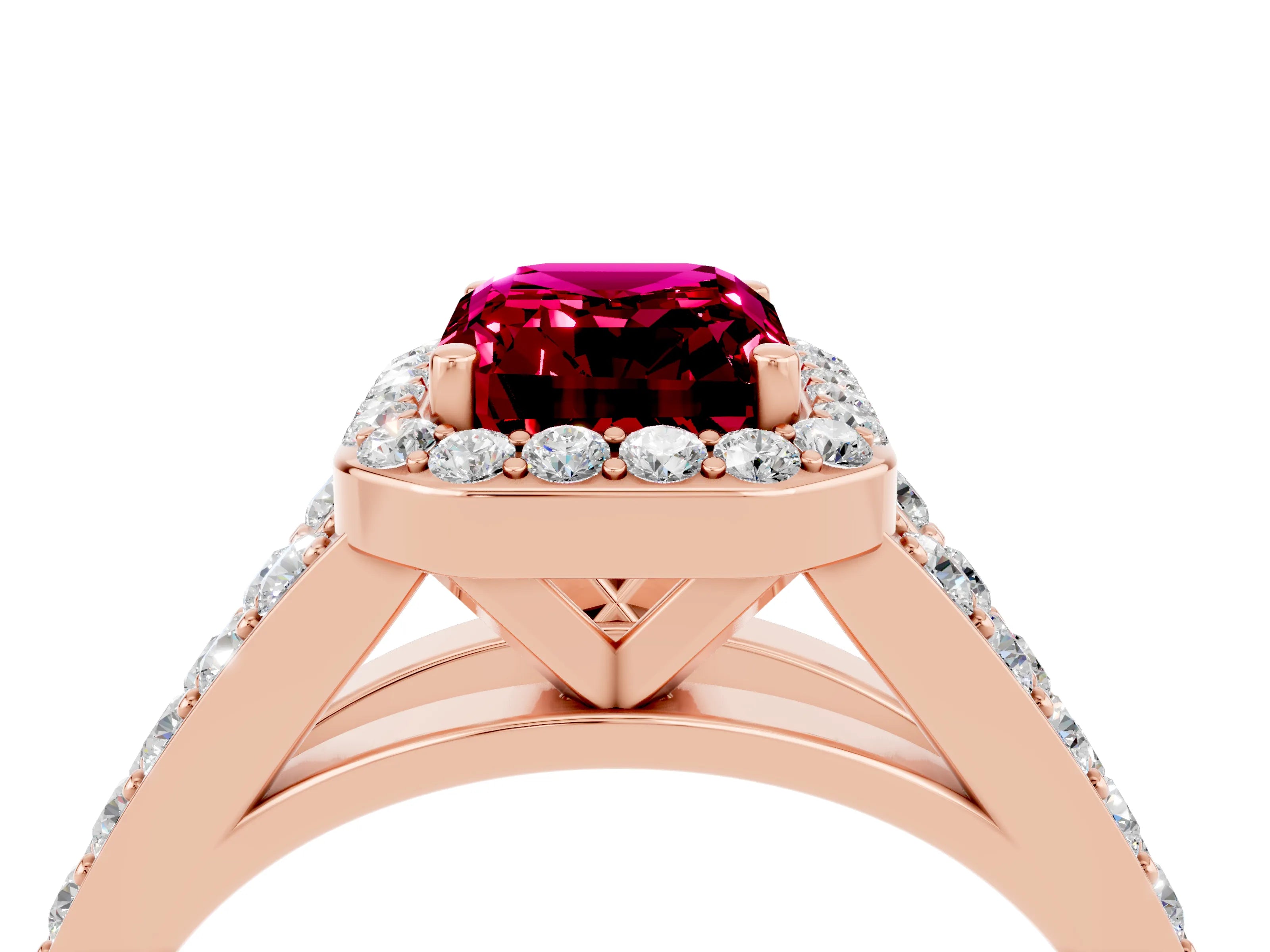 Rose gold Emerald Cut Garnet Split Shank Halo Ring with Four-Prong Setting_16