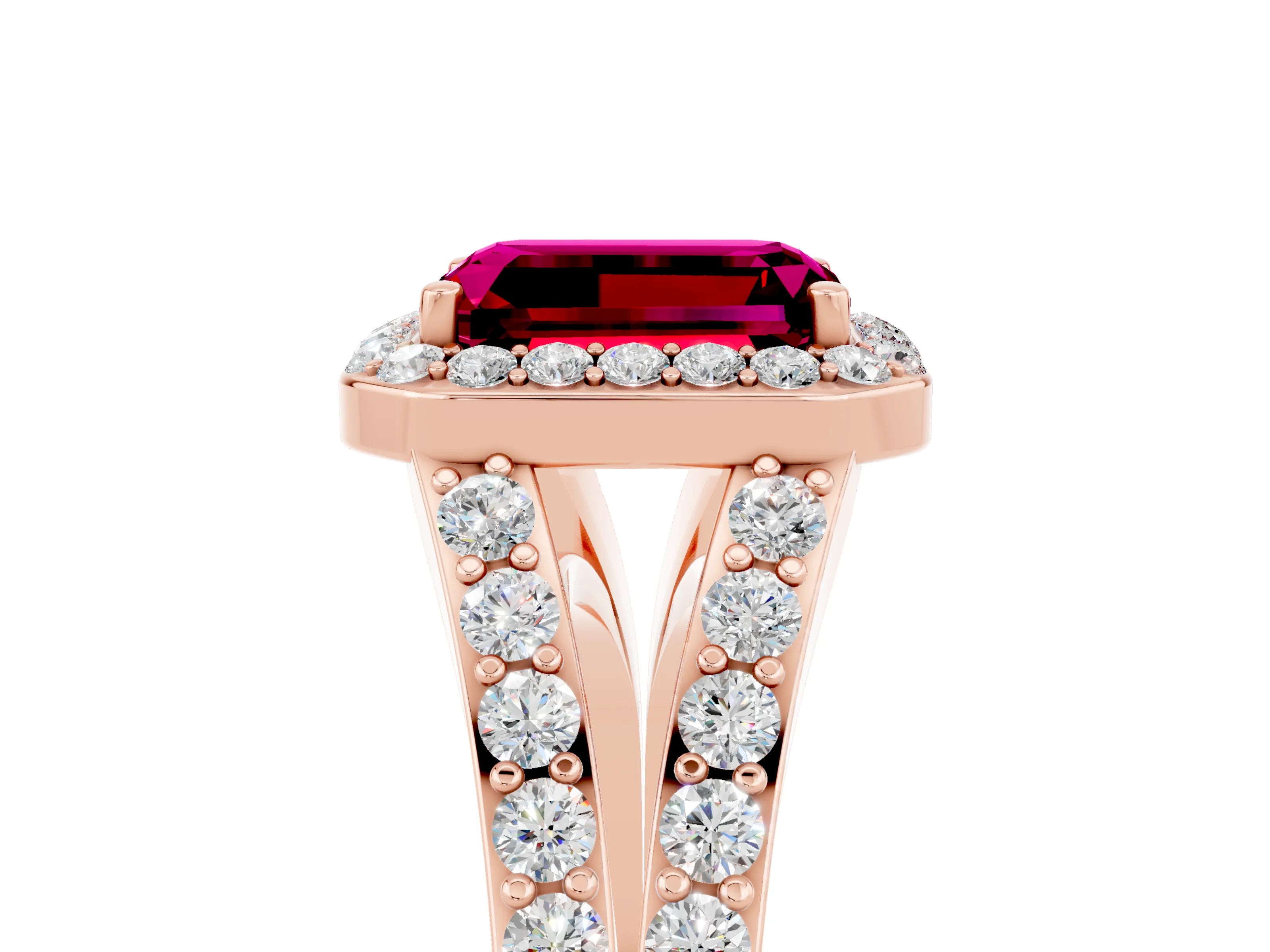 Rose gold Emerald Cut Garnet Split Shank Halo Ring with Four-Prong Setting_17