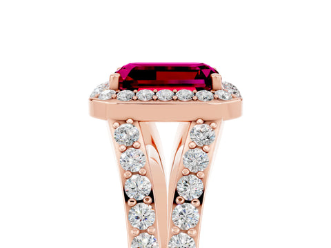 Rose gold Emerald Cut Garnet Split Shank Halo Ring with Four-Prong Setting_17