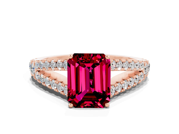 Rose gold Emerald Cut Garnet Split Shank Pavé Engagement Ring with Four-Prong Setting