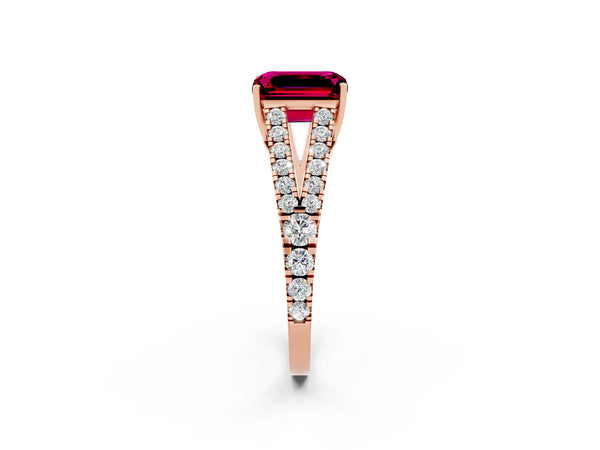 Rose gold Emerald Cut Garnet Split Shank Pavé Engagement Ring with Four-Prong Setting