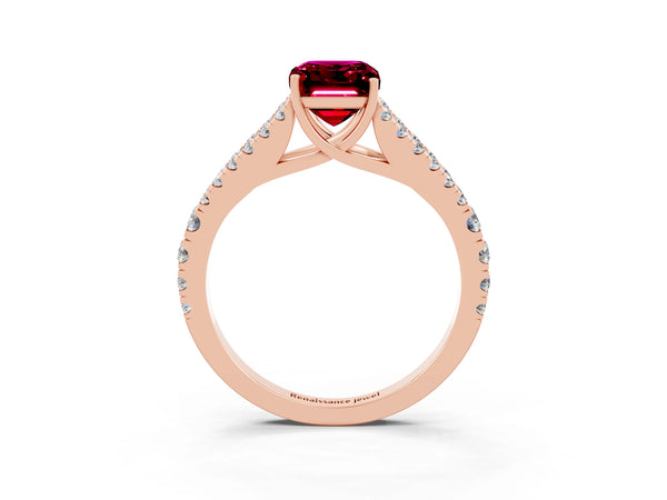 Rose gold Emerald Cut Garnet Split Shank Pavé Engagement Ring with Four-Prong Setting