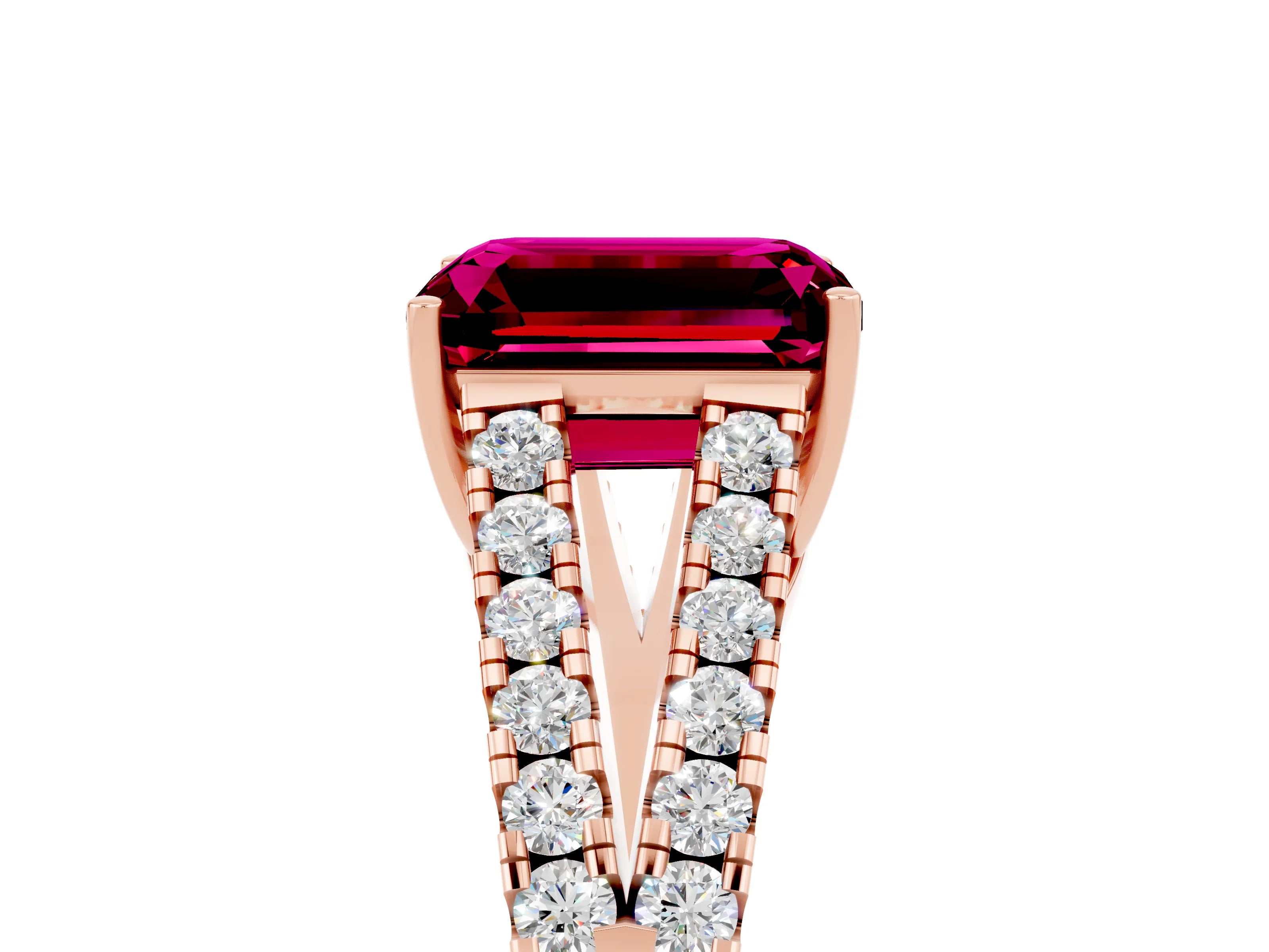 Rose gold Emerald Cut Garnet Split Shank Pavé Engagement Ring with Four-Prong Setting_17