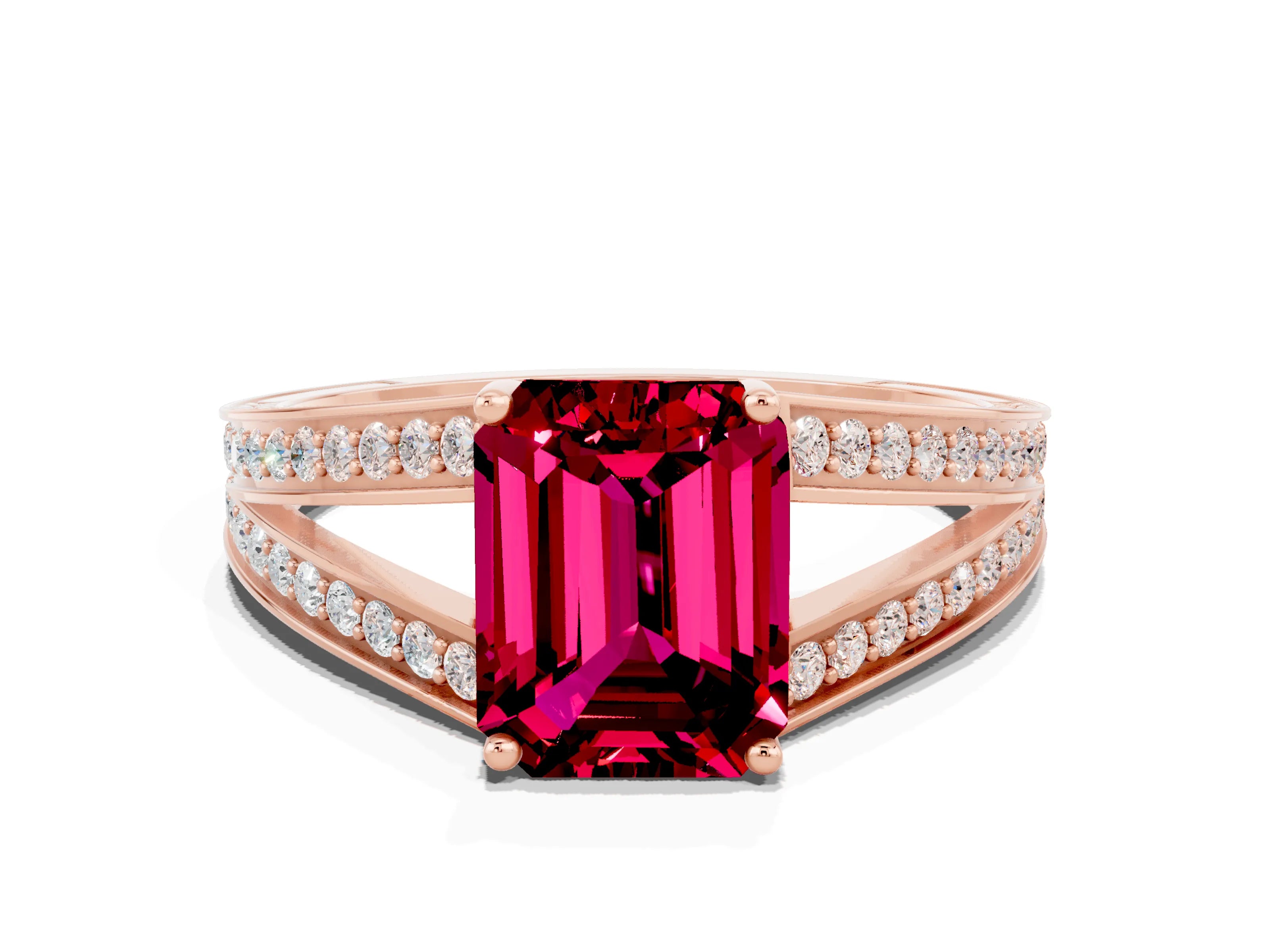 Rose gold Emerald Cut Garnet Split Shank Ring with Pavé Band and Four-Prong Setting