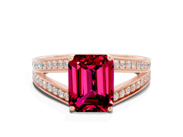 Rose gold Emerald Cut Garnet Split Shank Ring with Pavé Band and Four-Prong Setting