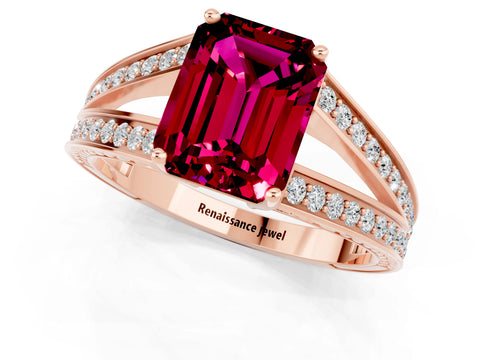Rose gold Emerald Cut Garnet Split Shank Ring with Pavé Band and Four-Prong Setting_1