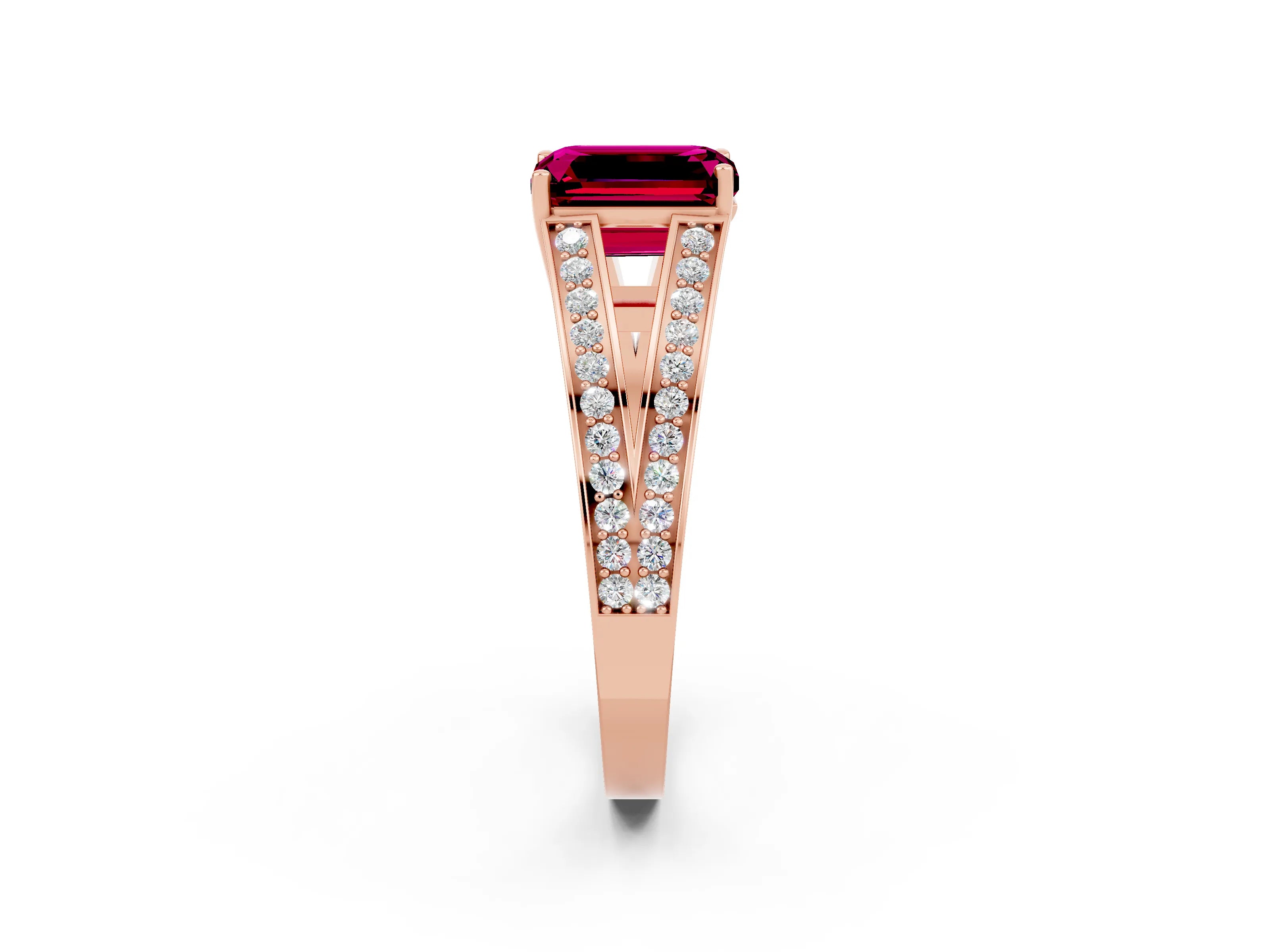 Rose gold Emerald Cut Garnet Split Shank Ring with Pavé Band and Four-Prong Setting_2