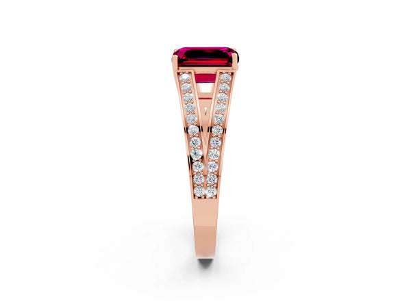 Rose gold Emerald Cut Garnet Split Shank Ring with Pavé Band and Four-Prong Setting