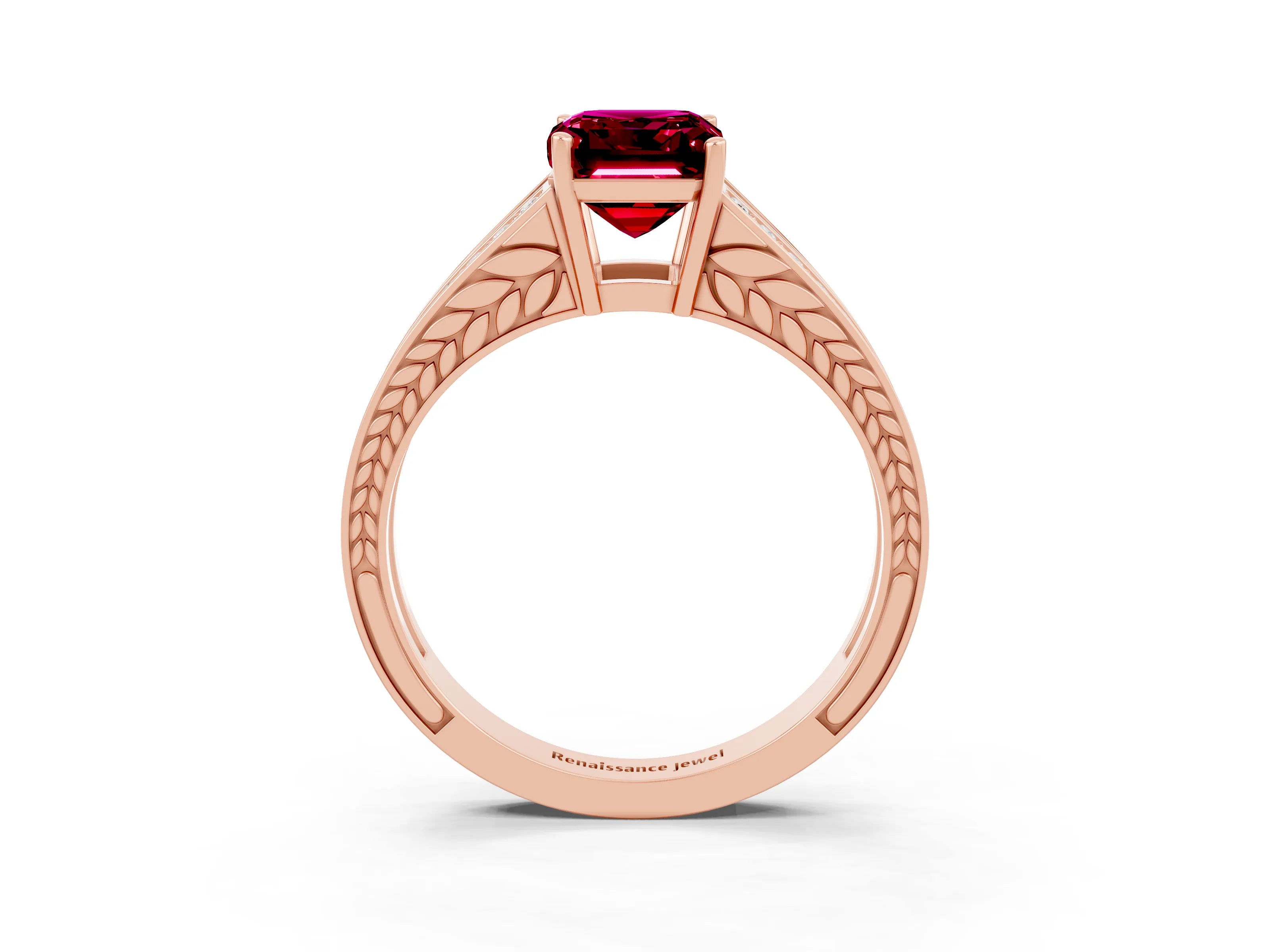 Rose gold Emerald Cut Garnet Split Shank Ring with Pavé Band and Four-Prong Setting_3