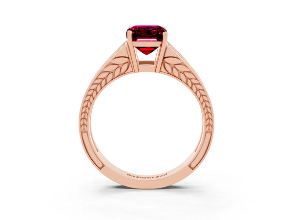 Rose gold Emerald Cut Garnet Split Shank Ring with Pavé Band and Four-Prong Setting