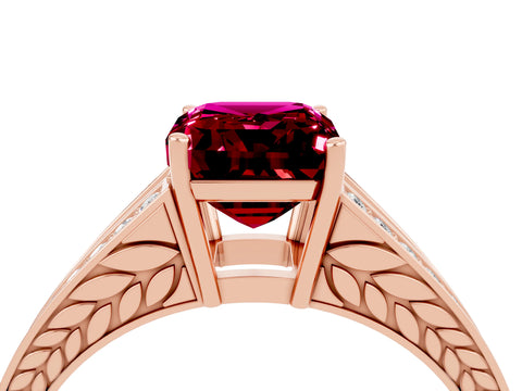 Rose gold Emerald Cut Garnet Split Shank Ring with Pavé Band and Four-Prong Setting_4