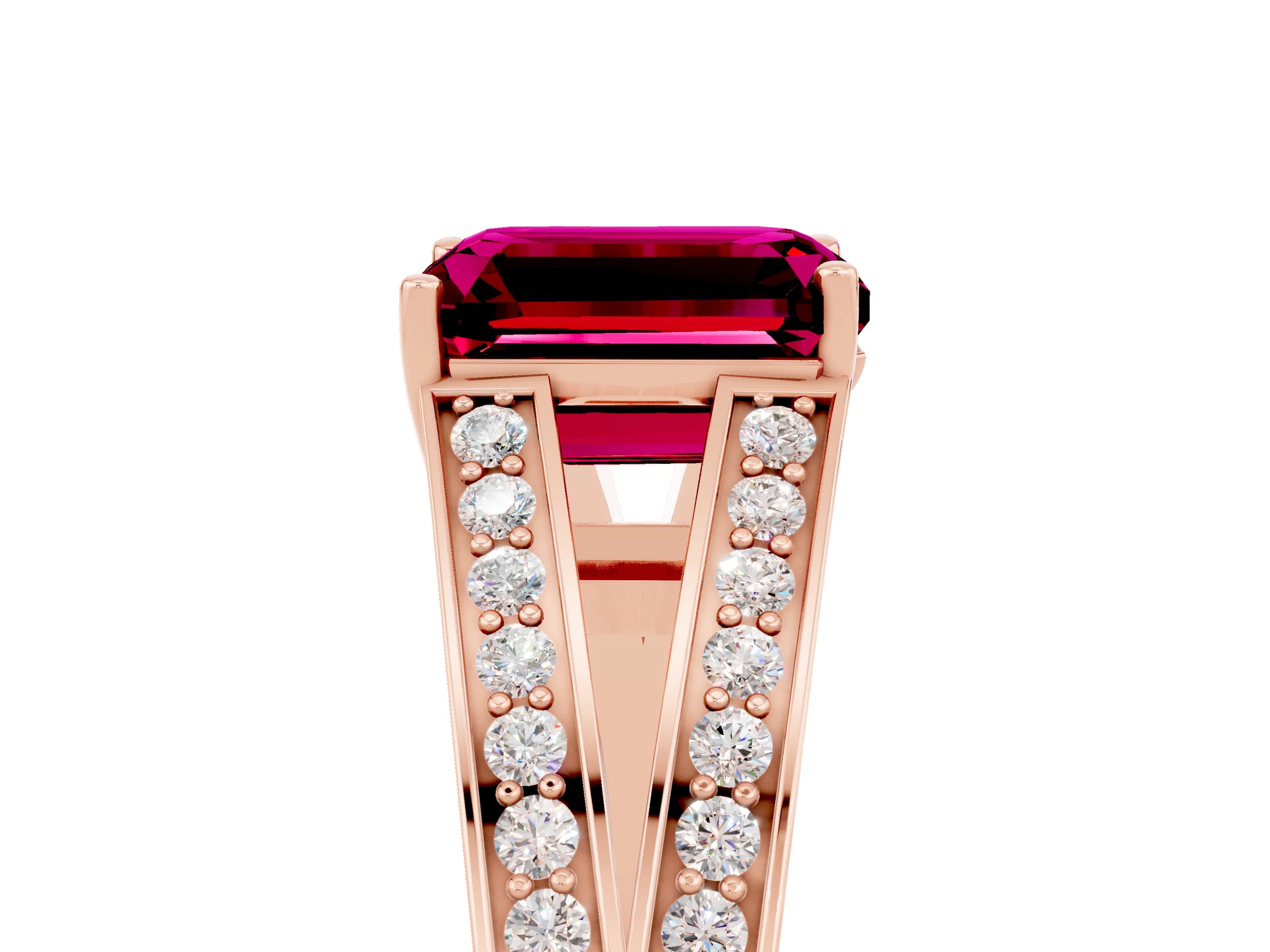 Rose gold Emerald Cut Garnet Split Shank Ring with Pavé Band and Four-Prong Setting_5
