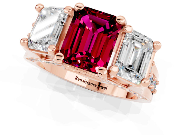 Rose gold Emerald Cut Garnet Three-Stone Ring with Channel Set Band and Four-Prong Setting