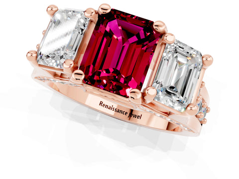 Rose gold Emerald Cut Garnet Three-Stone Ring with Channel Set Band and Four-Prong Setting_1