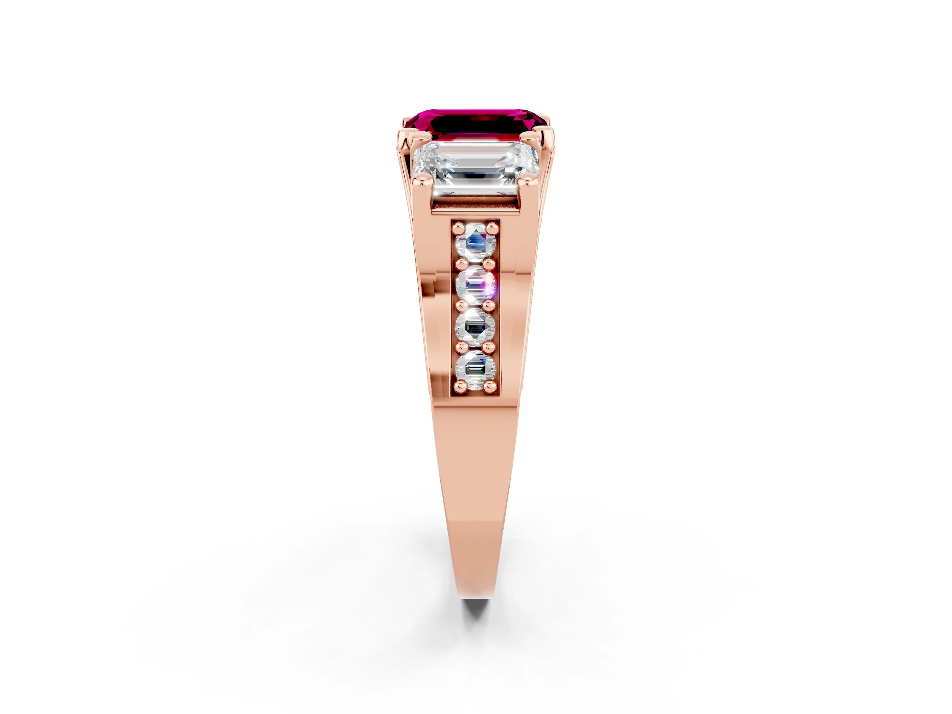 Rose gold Emerald Cut Garnet Three-Stone Ring with Channel Set Band and Four-Prong Setting_2