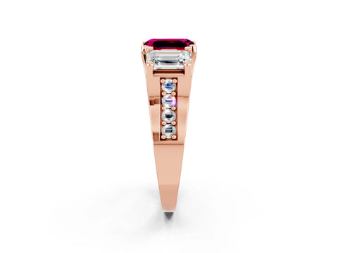 Rose gold Emerald Cut Garnet Three-Stone Ring with Channel Set Band and Four-Prong Setting_2