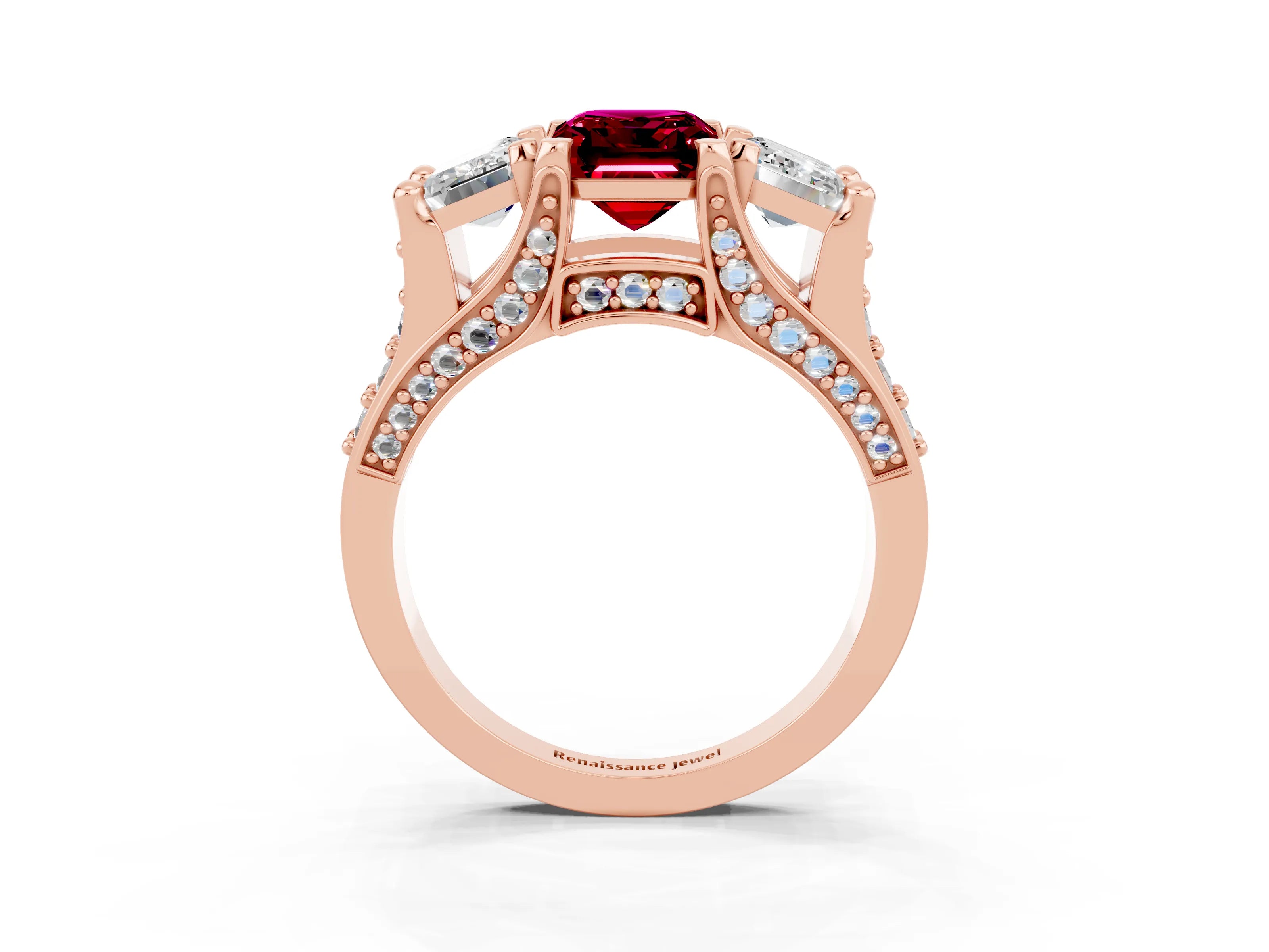 Rose gold Emerald Cut Garnet Three-Stone Ring with Channel Set Band and Four-Prong Setting_3