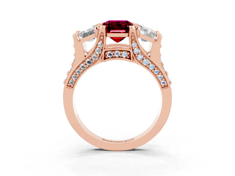 Rose gold Emerald Cut Garnet Three-Stone Ring with Channel Set Band and Four-Prong Setting_3