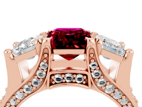 Rose gold Emerald Cut Garnet Three-Stone Ring with Channel Set Band and Four-Prong Setting_4