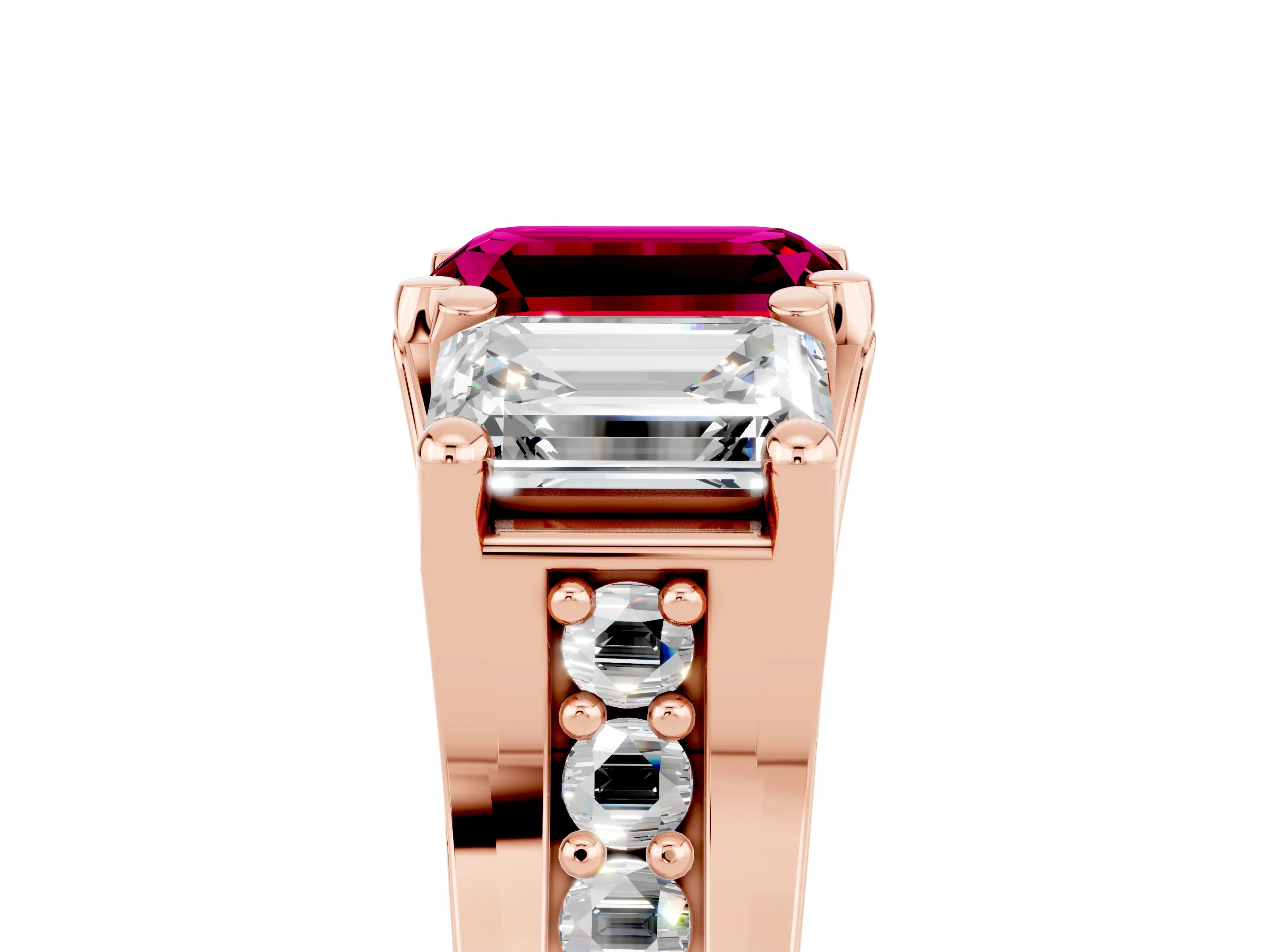 Rose gold Emerald Cut Garnet Three-Stone Ring with Channel Set Band and Four-Prong Setting_5