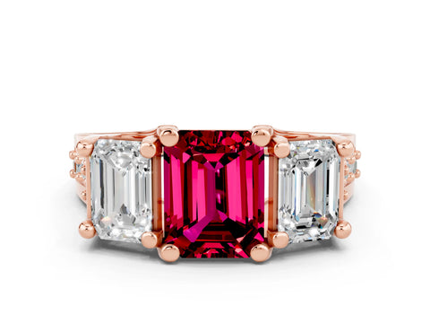 Rose gold Emerald Cut Garnet Three-Stone Ring with Channel Set Band and Four-Prong Setting