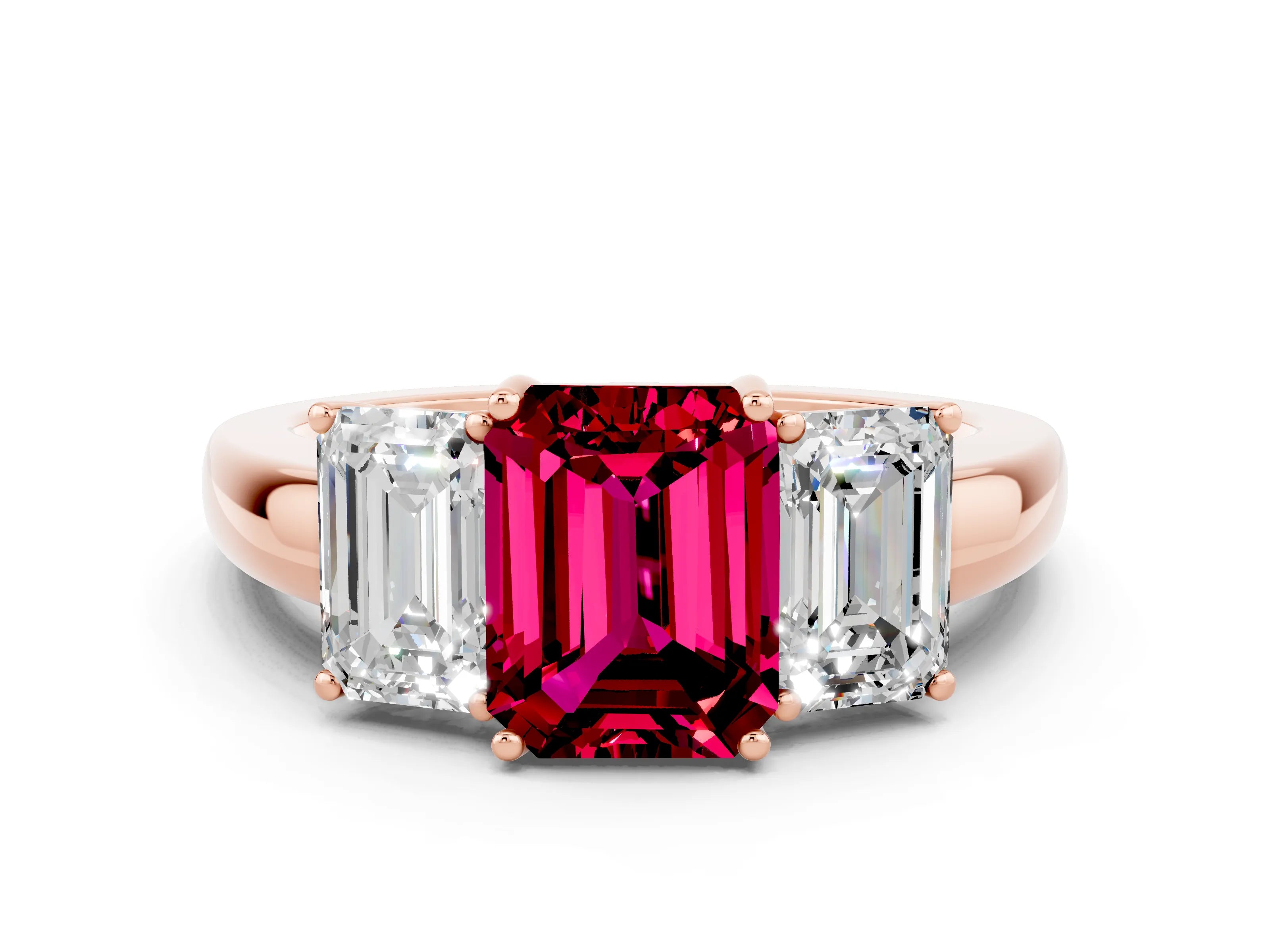 Rose gold Emerald Cut Garnet Three-Stone Ring with Four-Prong Setting and Classic Band
