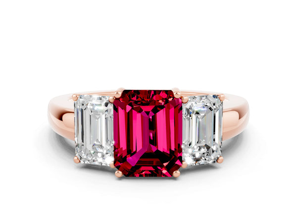 Rose gold Emerald Cut Garnet Three-Stone Ring with Four-Prong Setting and Classic Band