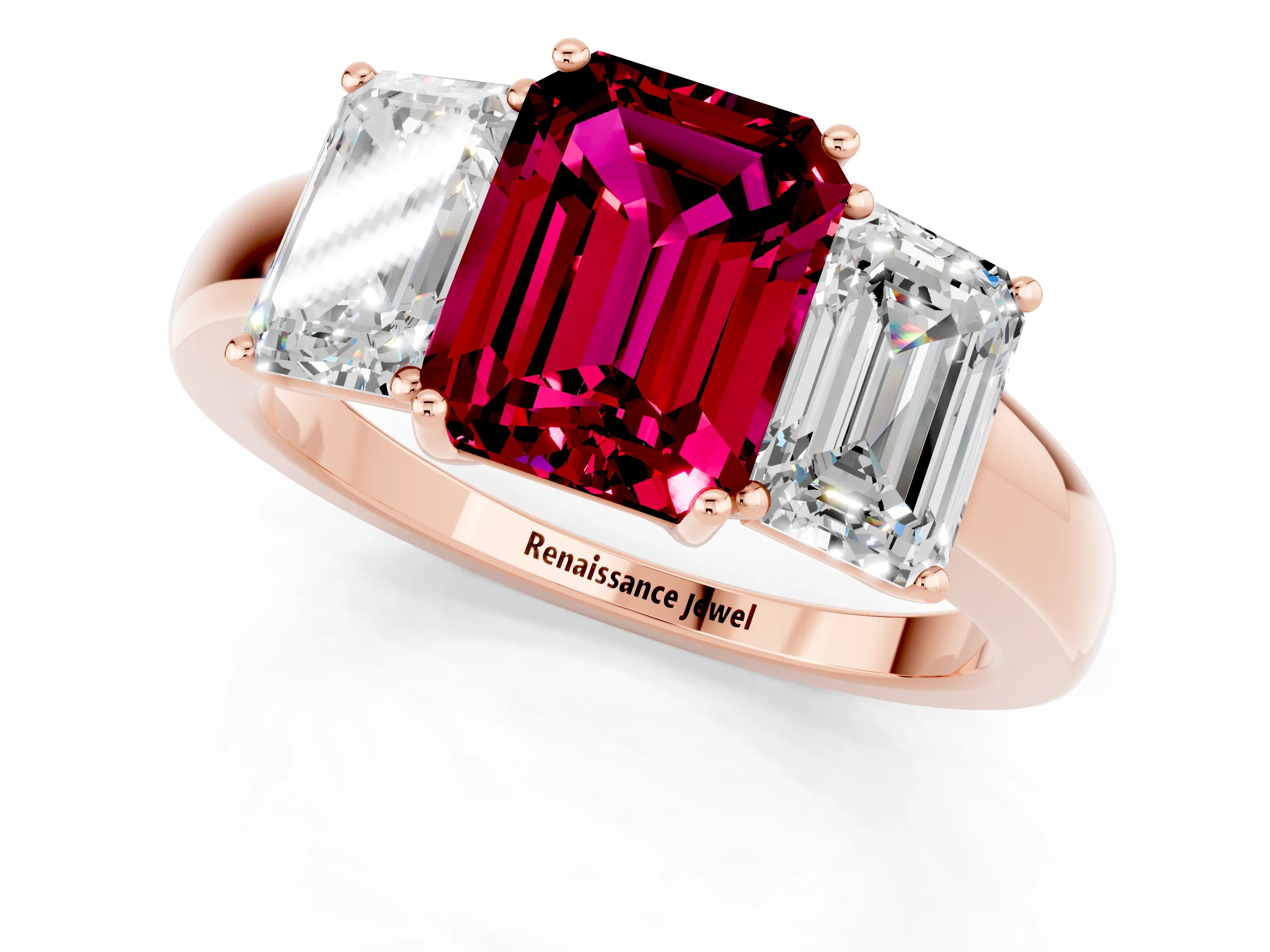 Rose gold Emerald Cut Garnet Three-Stone Ring with Four-Prong Setting and Classic Band_1