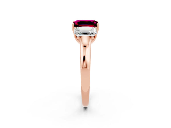 Rose gold Emerald Cut Garnet Three-Stone Ring with Four-Prong Setting and Classic Band