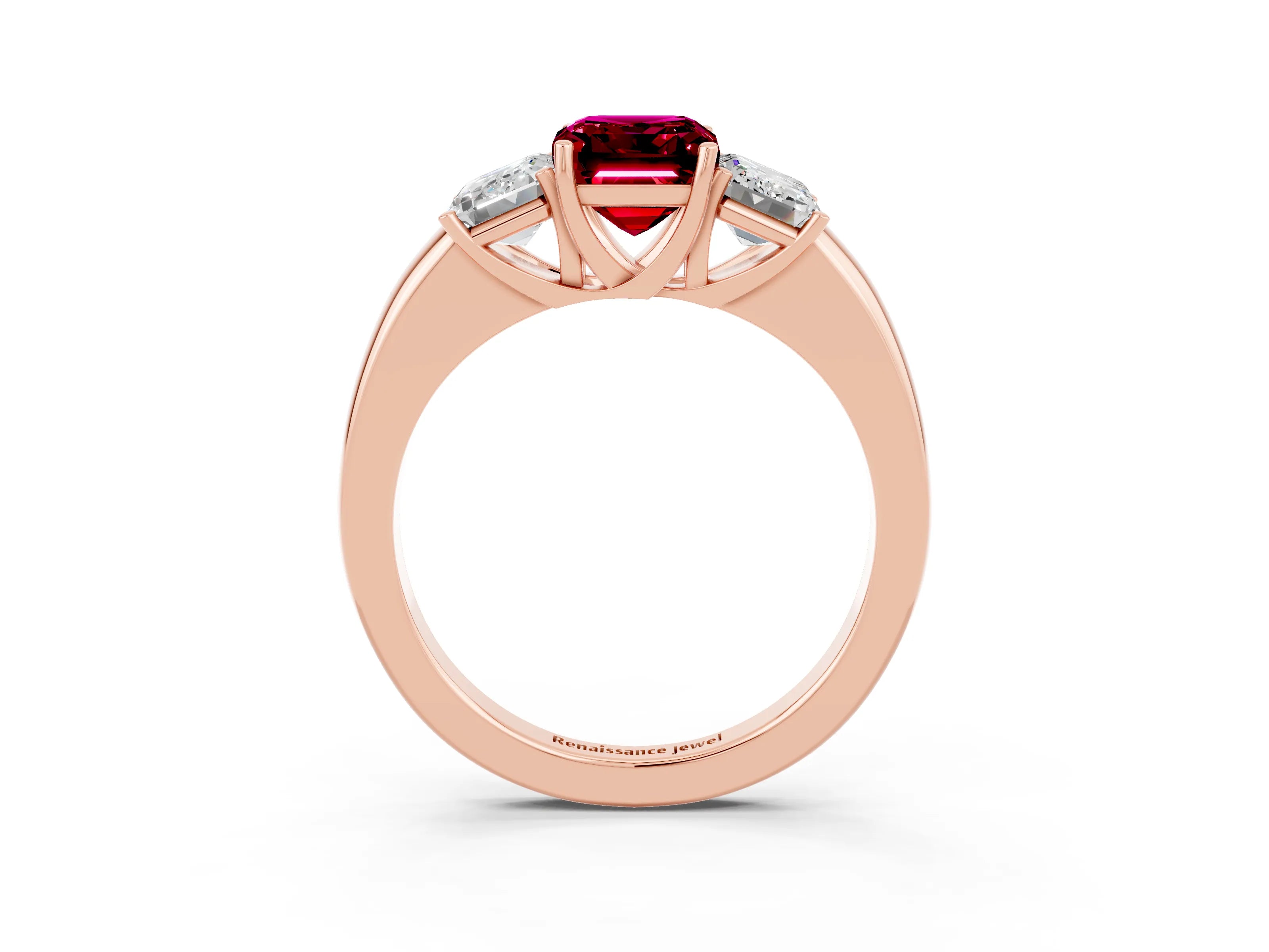 Rose gold Emerald Cut Garnet Three-Stone Ring with Four-Prong Setting and Classic Band_3