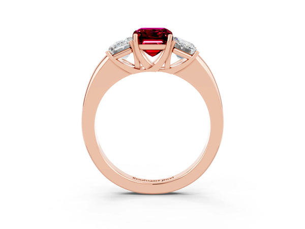 Rose gold Emerald Cut Garnet Three-Stone Ring with Four-Prong Setting and Classic Band