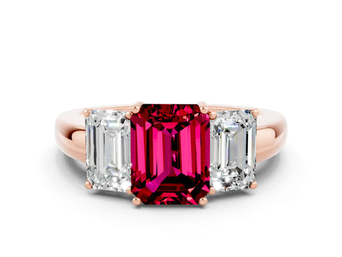 Rose gold Emerald Cut Garnet Three-Stone Ring with Four-Prong Setting and Classic Band