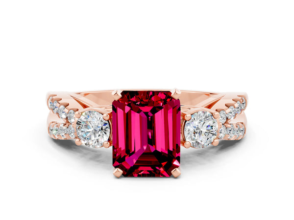 Rose gold Emerald Cut Garnet Three-Stone Ring with Pavé Split Shank and Four-Prong Setting
