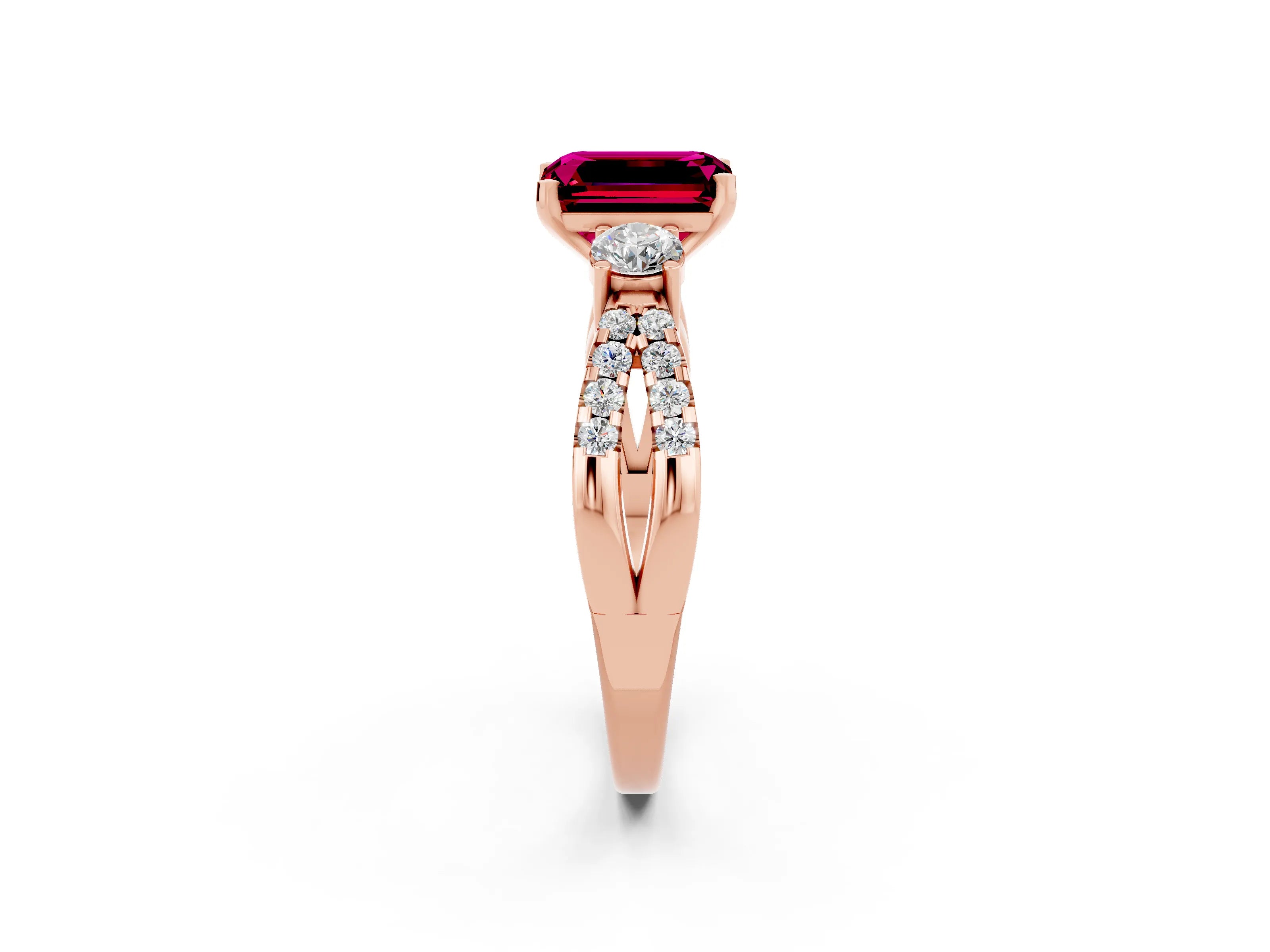 Rose gold Emerald Cut Garnet Three-Stone Ring with Pavé Split Shank and Four-Prong Setting_2