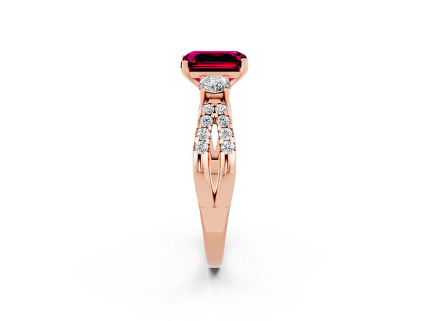 Rose gold Emerald Cut Garnet Three-Stone Ring with Pavé Split Shank and Four-Prong Setting
