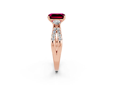 Rose gold Emerald Cut Garnet Three-Stone Ring with Pavé Split Shank and Four-Prong Setting_2