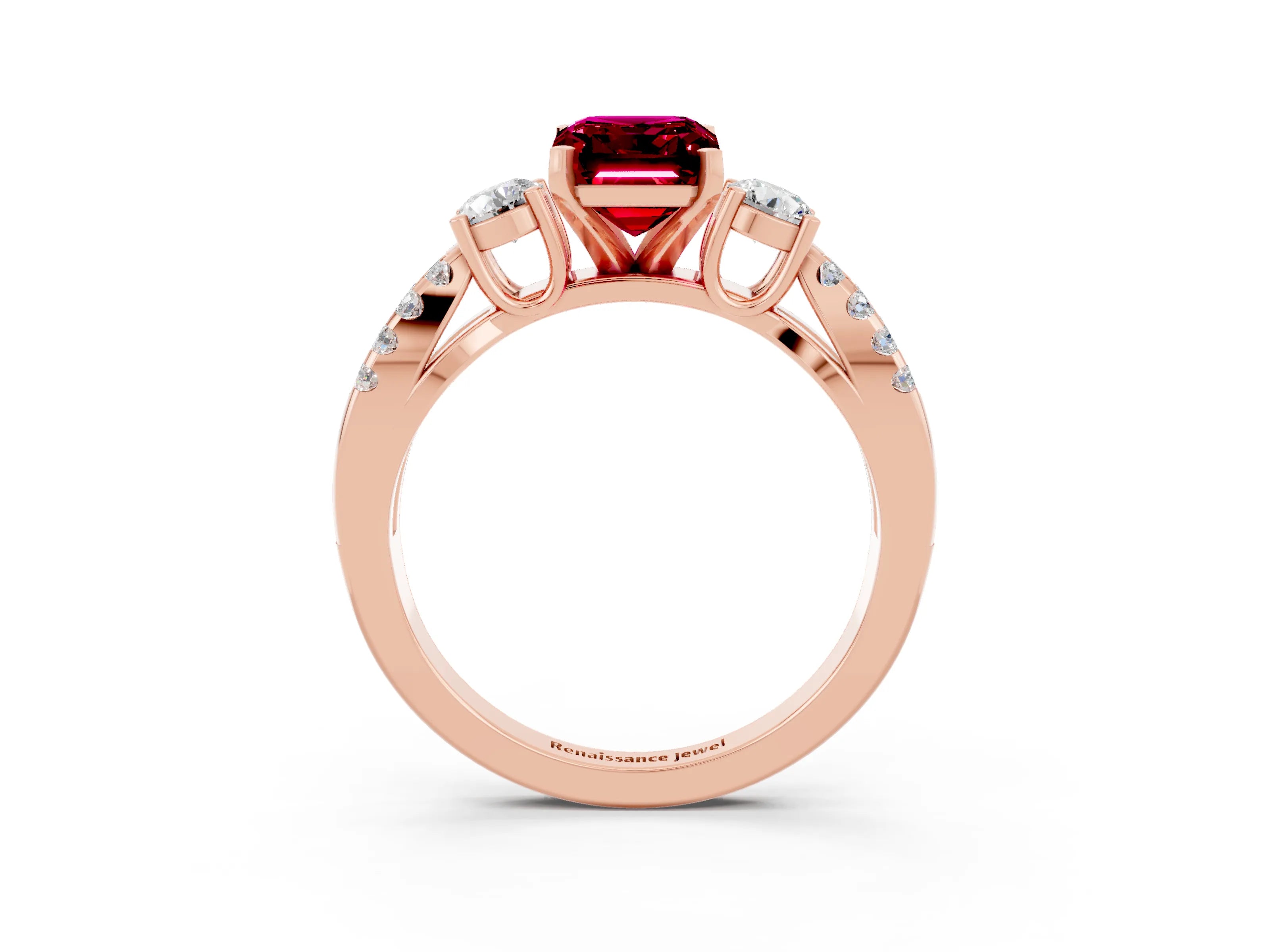 Rose gold Emerald Cut Garnet Three-Stone Ring with Pavé Split Shank and Four-Prong Setting_3